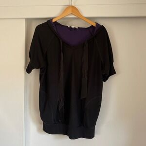 Cabi Black Purple Short Sleeve Hoodie V Neck Drawstring Casual Top